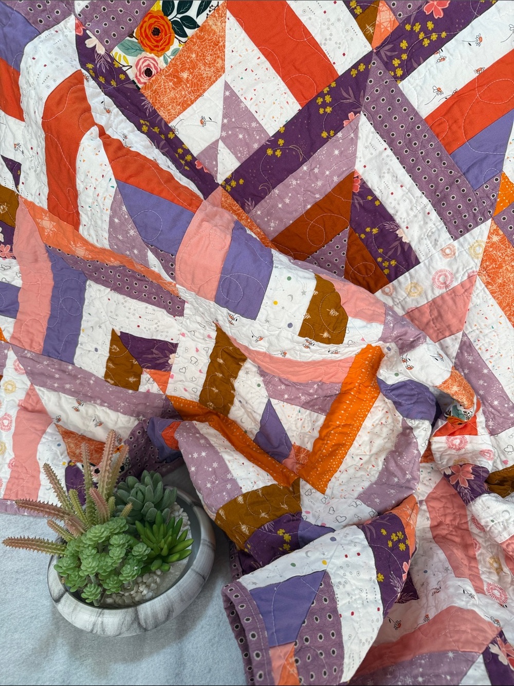 Handmade Patchwork Quilt in Purple, Orange, Pink, White